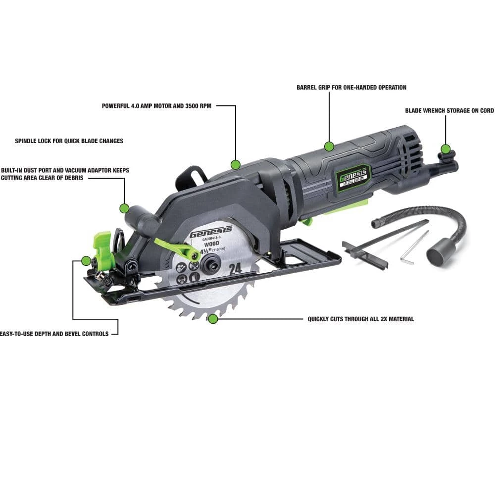 4.0 Amp 4-1/2 in. Compact Circular Saw with 24T Blade, Rip Guide, Vacuum Adapter and Blade Wrench by Genesis 4 4.0 Amp 4-1/2 in. Compact Circular Saw with 24T Blade, Rip Guide, Vacuum Adapter and Blade Wrench by Genesis - Image 2